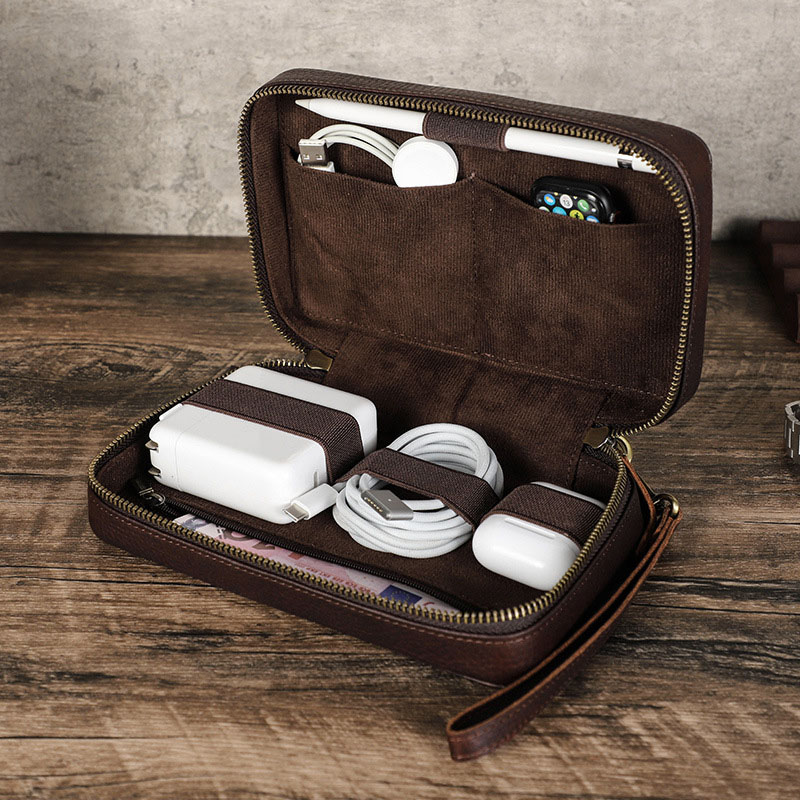 Tech Accessories Case - Bolsa Organizadora de Couro Genuíno Marrom
